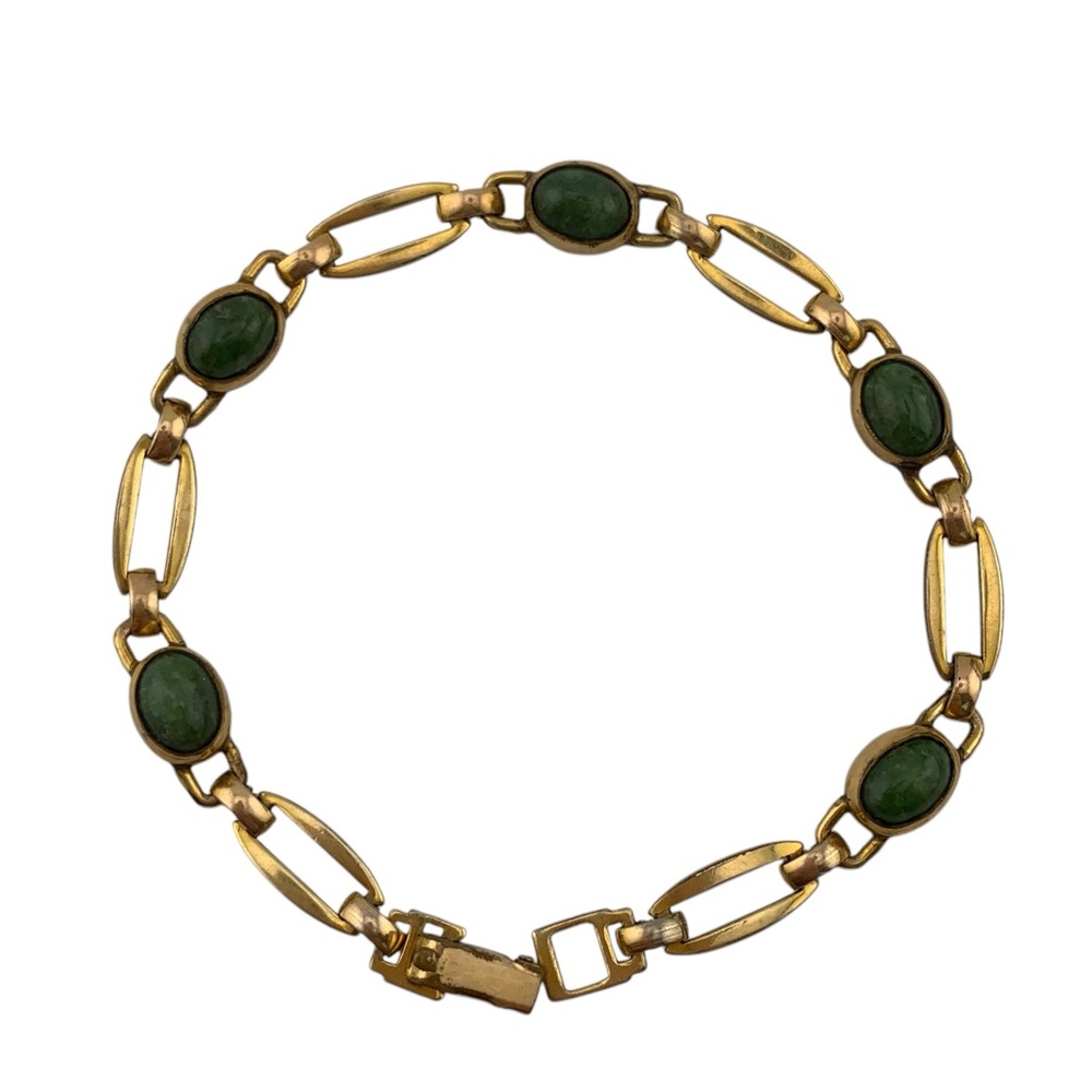 DARK GREEN OVAL NEPHRITE JADE 12K Gold Fill LINK BRACELET VINTAGE 1970s 7-1/2"